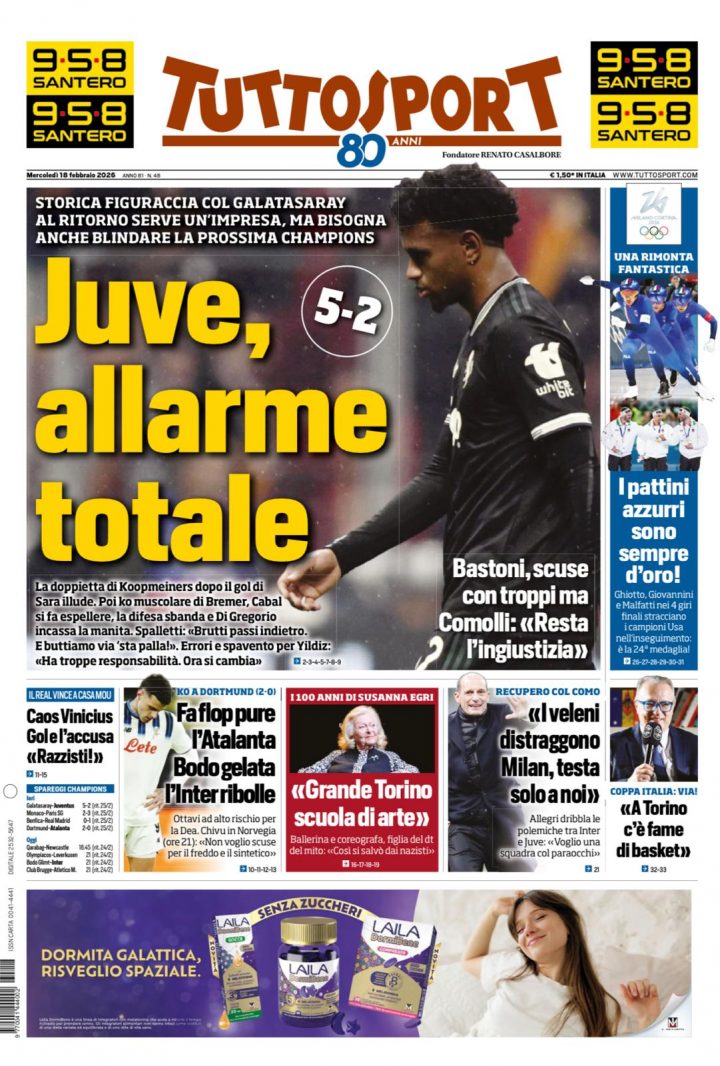 Tuttosport, mercoledì 18 febbraio 2026