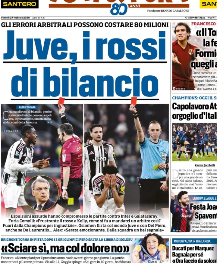 La prima pagina di Tuttosport del 27 febbraio