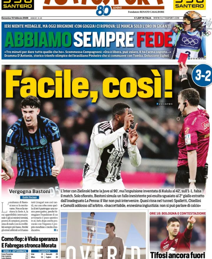 La prima pagina di Tuttosport del 15 febbraio 2026