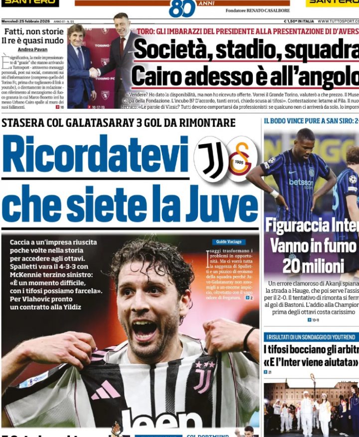 La prima pagina di Tuttosport di mercoledì 25 febbraio 2026