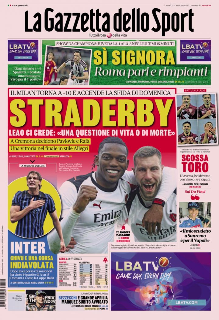 La Gazzetta dello Sport, lunedì 2 marzo 2026