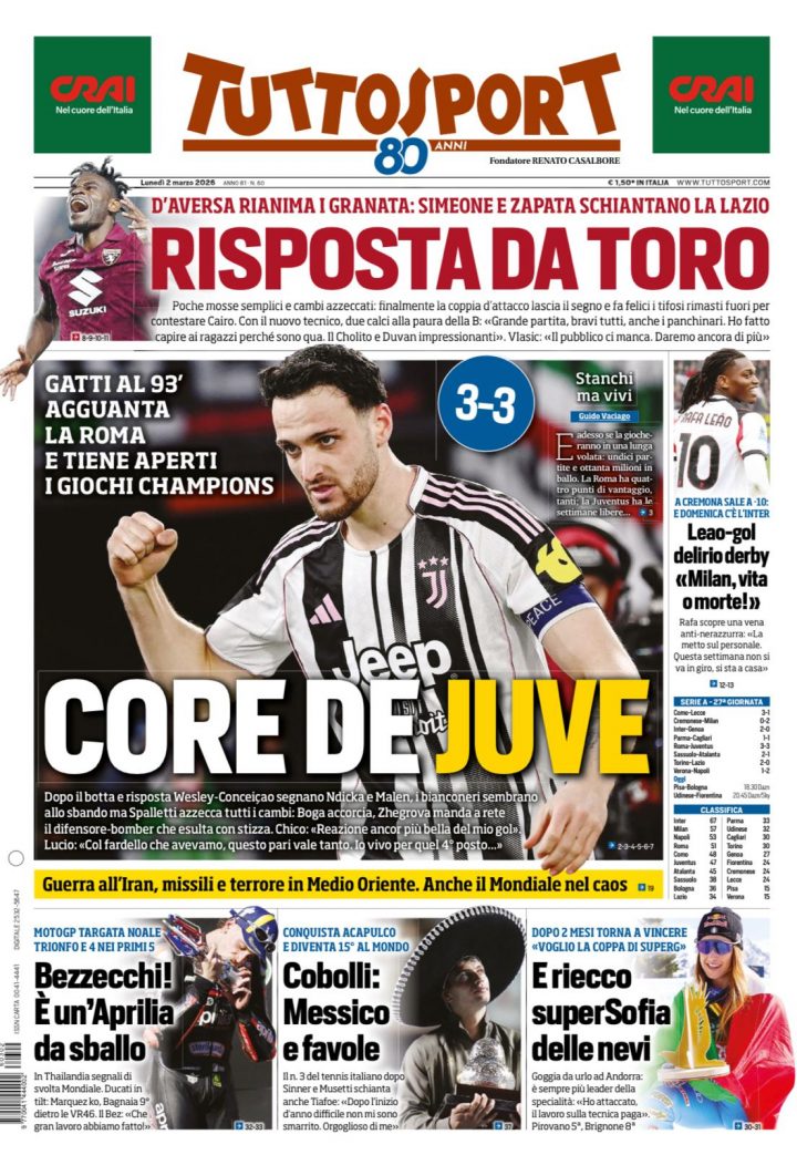 Tuttosport, lunedì 2 marzo 2026