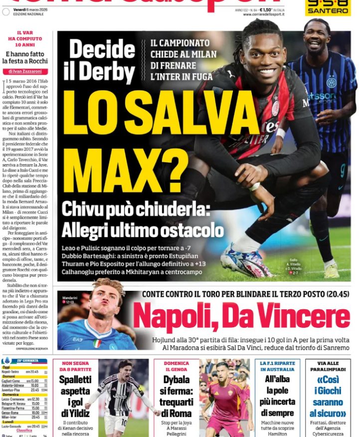 La prima pagina del Corriere dello Sport del 6 marzo