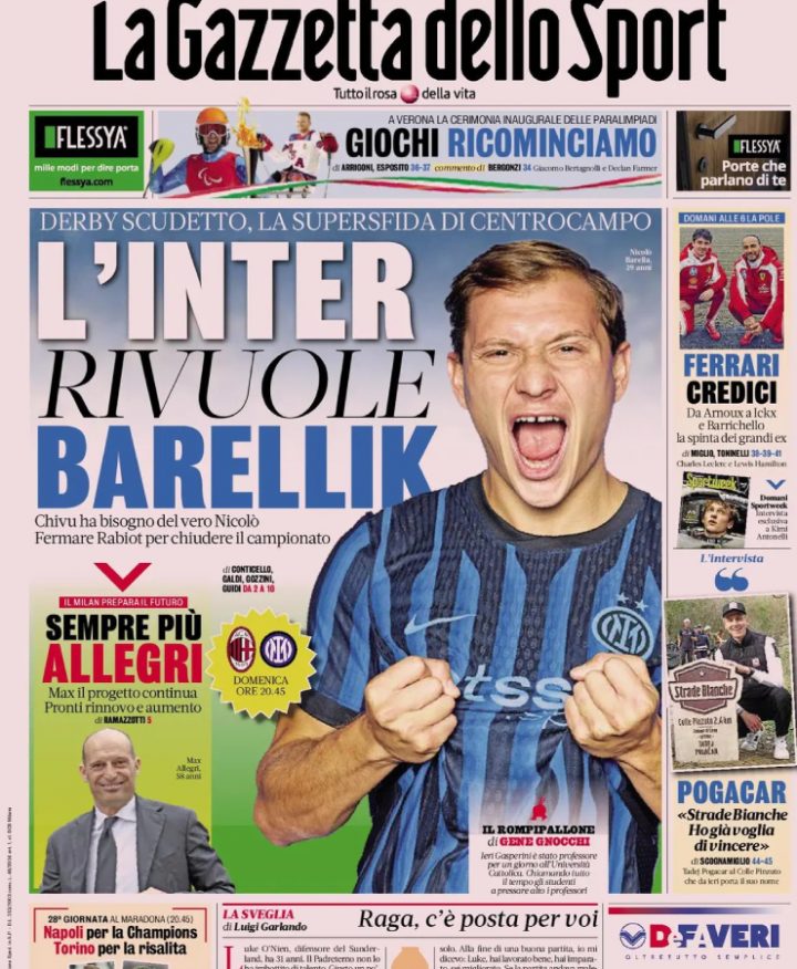 La prima pagina de La Gazzetta dello Sport del 6 marzo